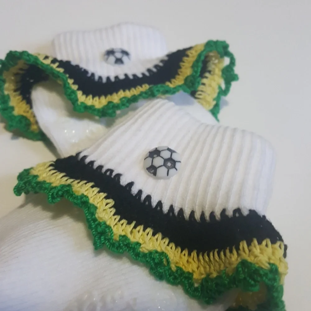 Handmade Crocheted Jamaica Soccer Ball Baby Socks- Size 6-18 Months